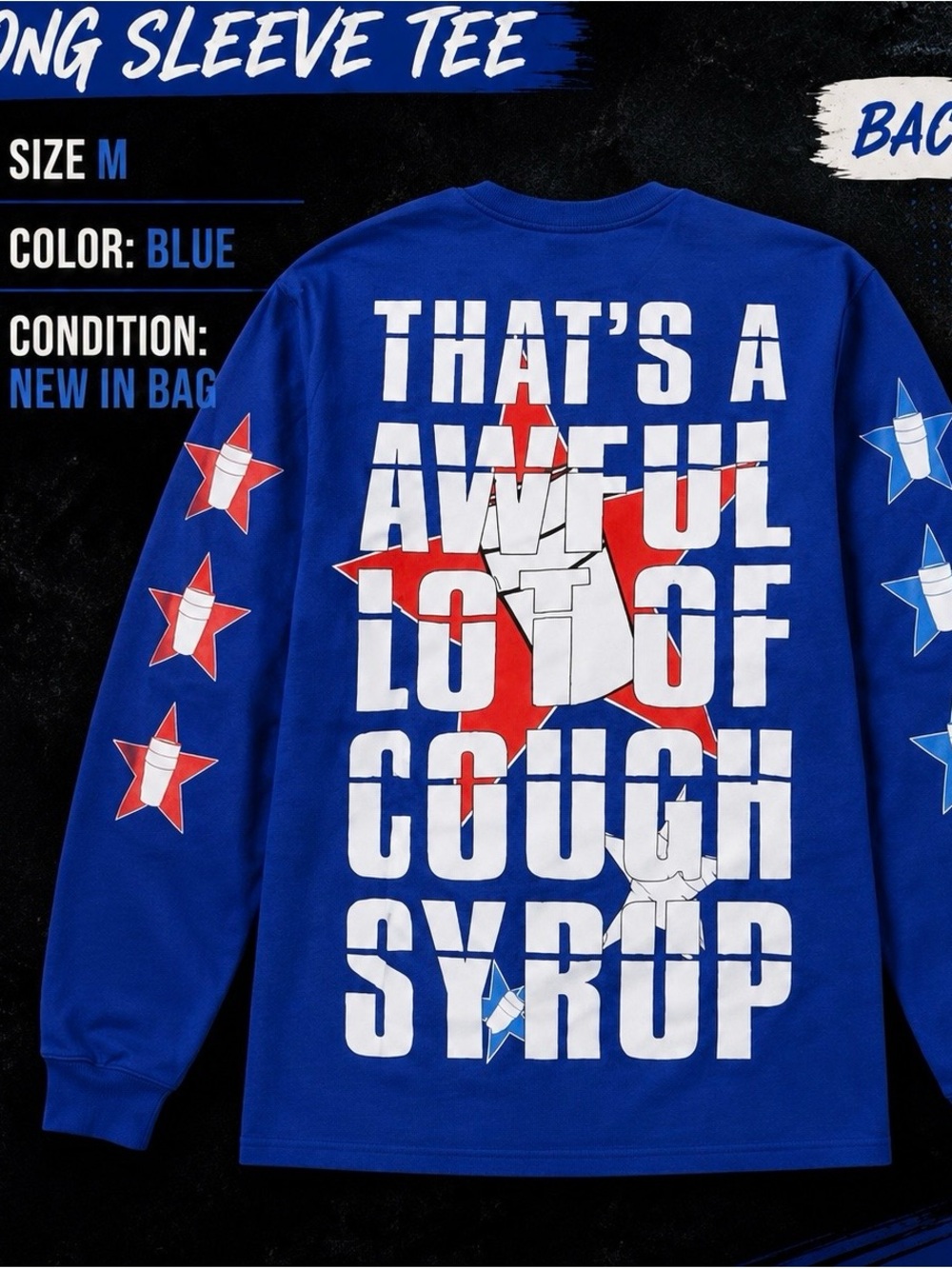 Blue Long-Sleeve Kids Tee with Bold White & Red Star Graphic